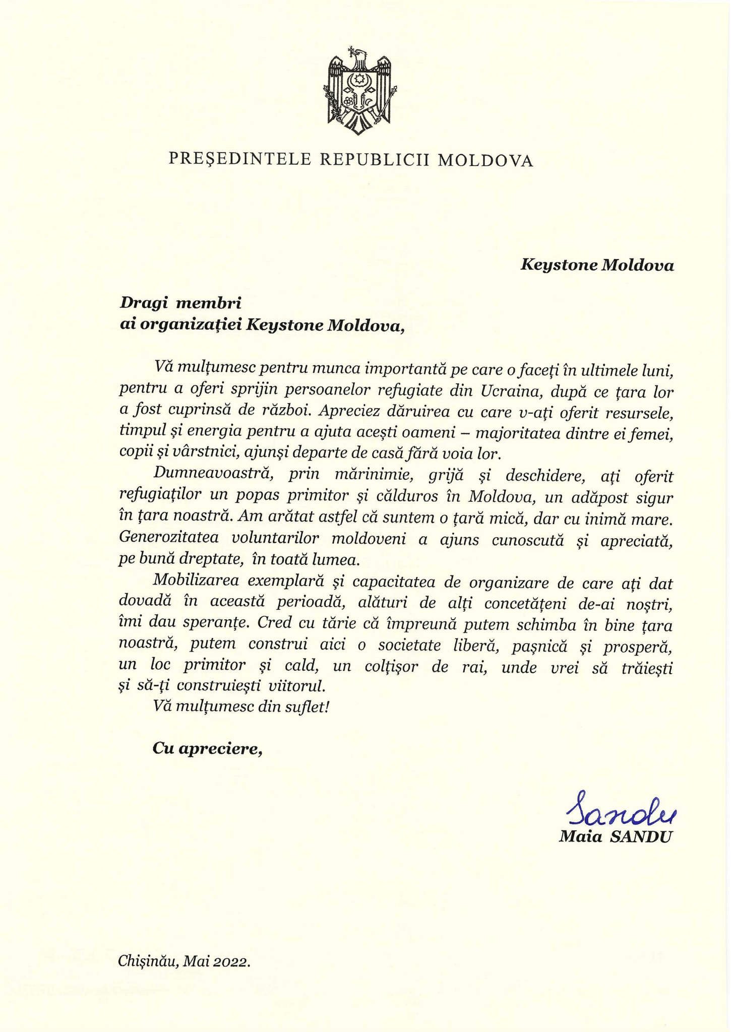 President Maia Sandu letter